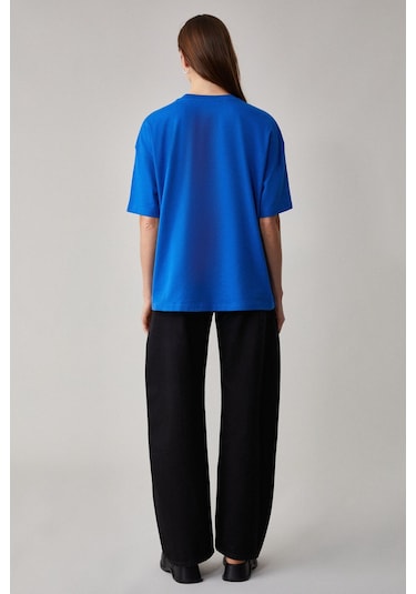 GRIMELANGE Lagertha Kadın %100 Organik Pamuklu Kalın Dokulu Oversize Fit Yuvarlak Yakalı Mavi T-shirt Mavi