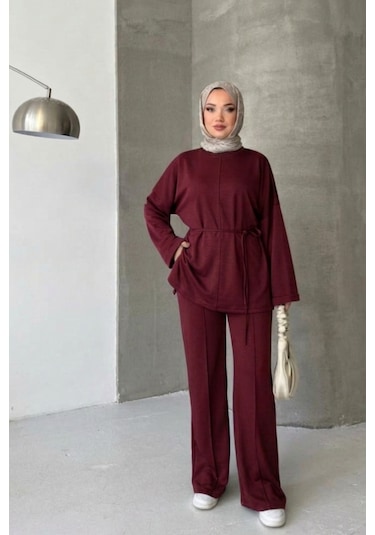 Thiff Tesettür Önü Bağlamalı Oversize Çimalı Modal Takım Bordo