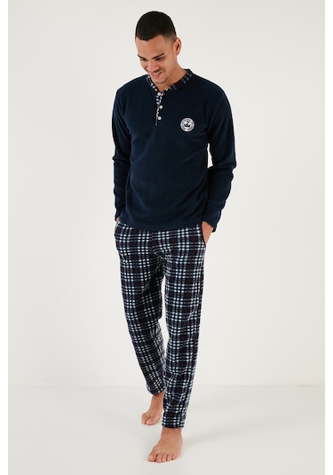 Buratti Ekoseli Regular Fit Düğmeli Bisiklet Yaka Kışlık Polar Erkek Pijama Takımı 60961002 Lacivert