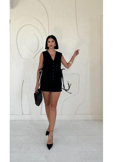 Modasize Siyah Yanları Bağcıklı Yelek Siyah