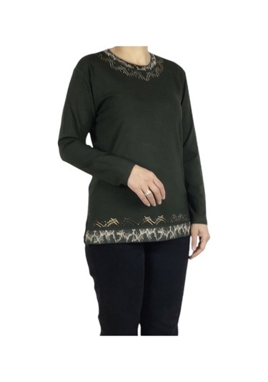 Kadın Yaka Ve Etek Desenli Taşlı Likralı Bluz-arpbattal2 Haki