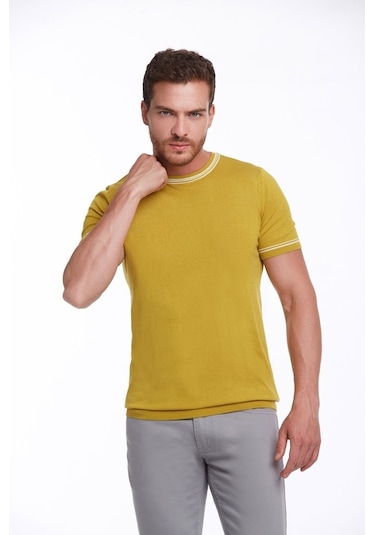 Hatemoğlu Hardal Slim Fit Basic Bisiklet Yaka Triko Tişört-Hardal
