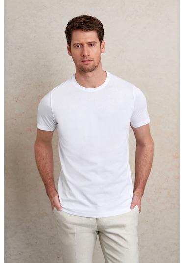 Hatemoğlu Regular Fit Pamuk Bisiklet Yaka Baskılı Jersey Erkek Tişört Beyaz