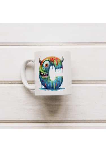 C Harfi Bardak, Sevimli Canavarlar Harflı Bardak Hediyesi Porselen Beyaz