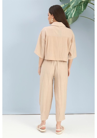 Takım Nakış Detaylı Viskon Gömlek Pantolon - Bej-bej Bej