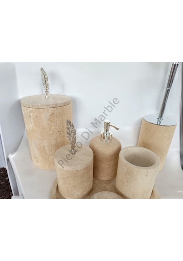 Sarı Traverten Klasik Model 7 Parça Gümüş Renk Kuş Tüyü Aksesuarlı Banyo Seti Sarı Traverten