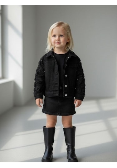 Zekids Kız Çocuk Çiçek İşlemeli Tasarım Ceket-17123 Siyah