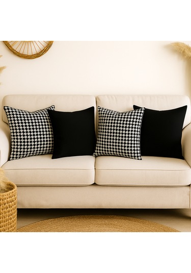 4'lü Kazayağı Desenli Siyah Kırlent Kılıf Seti 4 Al 1 Öde Modern & Bohem Dekoratif Yastık 45 x 45