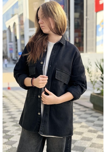 Rocqerx R-6006 Çift Cep Kapaklı Kot Gömlek Siyah