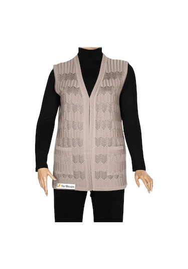 Hesna Kadın Gökçe Triko Ajurlu Boncuklu Cepli Taş Beji Yelek Bej