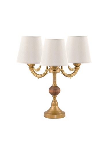 Üçlü Şamdan Masa Lambası Abajur Eskitme Krem Rengi Şapkalı Eskitme