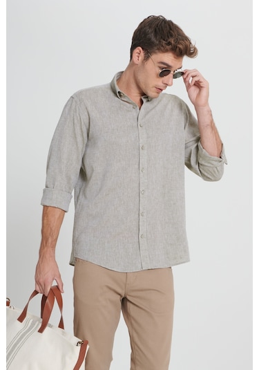 Erkek Hakı Comfort Fit Rahat Kesim Düğmeli Yaka Keten Gömlek Haki