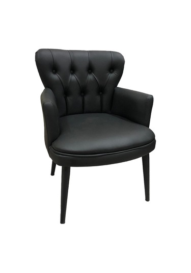 Garden House Tekli Siyah Deri Ahşap Ayaklı Ofis Koltuğu Kafe Koltuğu Sandalye Berjer Siyah