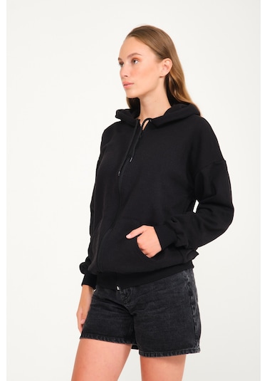 Harmandar Baskısız Unisex Siyah Cepli Kapüşonlu Fermuarlı Sweatshirt Hırka Siyah