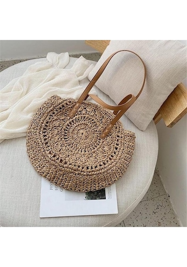 Novahub Bej Kadın Plaj Çantası, Hasır Omuz Çantası, 40x43cm, Tasarımcı Çiçek Desenli, Boş İç, Yogodlns, Omuz Çantası Bej