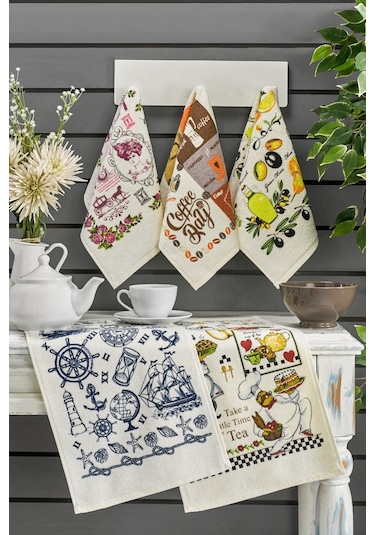 Casnack Nora 5 Adet Baskılı Mutfak Havlusu Seti 30x50 - Zeytin