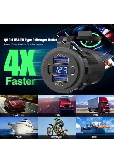 Trendooze Gaojunshop01 Qc3.0/pd3.0 Led Ekranlı 12v/24v Araba Şarj Cihazı, Yeşil Işıklar