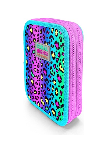 Coral High Kids Renkli Leopar Desenli Çift Katlı Kalem Çanta 11143 Renkli