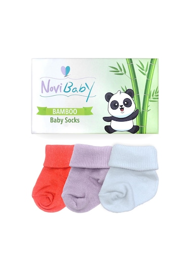 Novibaby 3'lü Bambu Yenidoğan Bebek Çorabı I Purple Orange I 0-6 "Karışık Renkli"