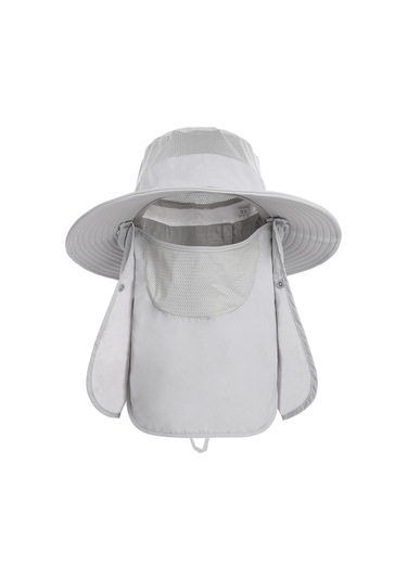 Çıkarılabilir Boyun Koruyucu Ve Yüz Siperliği Olan Geniş Kenarlı Ağızlı Güneşlik Şapka Gri