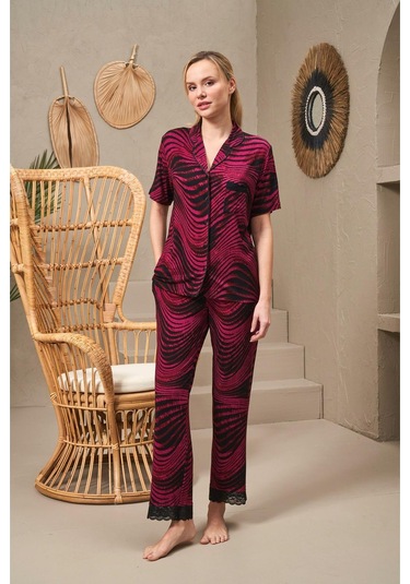 Pjs 25140 Kadın Yakalı Düğmeli Desenli Kısa Kollu Pijama Takım Bordo