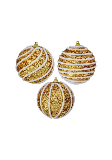 Yılbaşı Ağaç Süsü Top Süs Çizgili 8cm 3 Lü Altın Diğer
