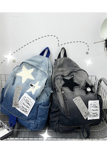 Neevoyu Yumuşak Denim Malzeme İle Büyük Kapasiteli Yıldız Desenli Sırt Çantası - Gradyan Siyah