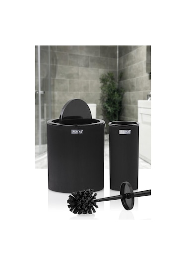 Okyanus Home Mina Siyah Çizgili Yuvarlak 2'li Wc Kova ve Fırça Seti Siyah