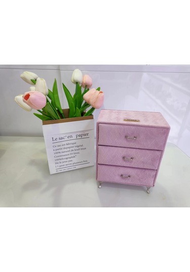 Dekoratif 3 Çekmeceli Kadife Takı Bijuteri Mücevher Kutusu Organizer Düzenleyici Pembe