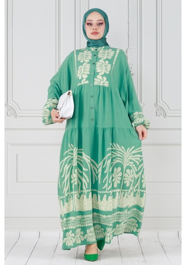 Yarasa Kol Karışık Desen Viscon Elbise-mint Yeşili-3801 - Mint Yeşili