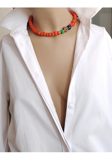 Turuncu Cam Kabak Boncuk Nazar Detaylı Choker Kolye Turuncu