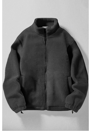 Ghassy Co. Erkek Alaska Regular Peluş Sherpa Kışlık Tam Fermuarlı Polar Sweatshirt Füme