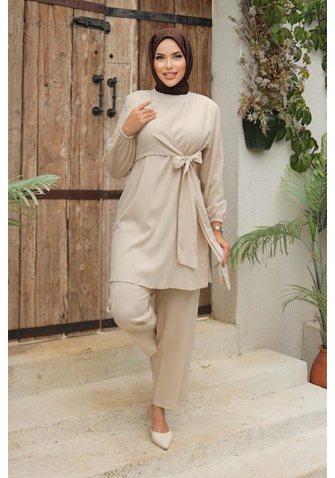 Yandan Bağlamalı Tesettür Bej Takım Bej