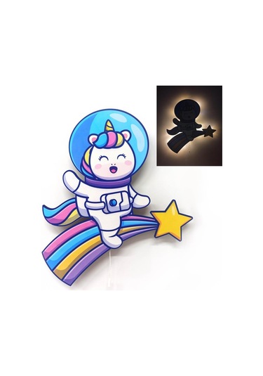 CajuArt Unicorn Astronot Ahşap Işıklı Çocuk Odası Duvar Tablosu