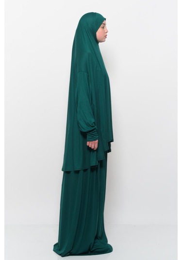 Pratik 2 Parça Pamuklu Yarasa Kollu Başörtülü Tesettür Namaz Elbisesi Yeşil Antrasit