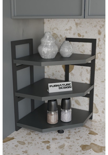 Akın Köşe Baharatlık 3 Raflı Mutfak Tezgah Üstü Köşe Raf - Antrasit Antrasit