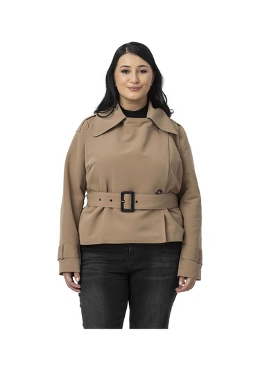 Büyük Beden Mono Yaka Kemerli Astarlı Kısa Vizon Trençkot Vizon