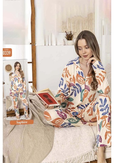 Kadın Yaprak Desen Düğmeli Saphire Pijama Takımı 0339 Sarı Sarı