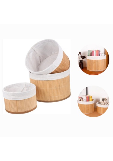 3'lü Bambu Yuvarlak Sepet - Çok Amaçlı Saklama Kutusu Bej