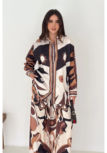 Modal Saten Kumaş Desenli Takım Kahverengi Kahverengi