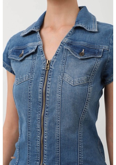 Fermuarlı Cepli Kadın Jean Elbise Mavi