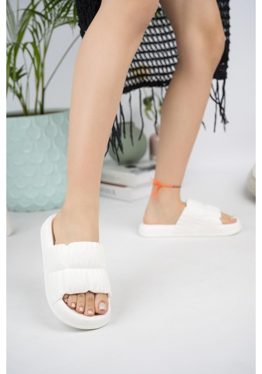 Modafrato Fırfır Kadın Terlik Plaj Deniz Havuz Terliği Beyaz