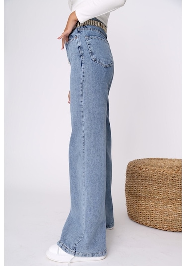Lavajeans Behc Kadın Orta Mavi Likralı Süper Yüksek Bel Geniş Paça Jean Mavi