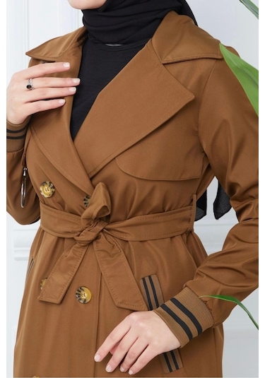 Bondit Kumaş Ribanalı Uzun Boy Trençkot / Kahverengi - M0110 Kahverengi