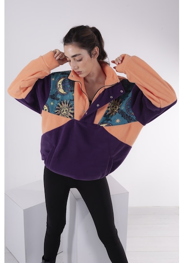 Kadın Erkek Güneş Desenli Yarım Fermuarlı Polar Sweatshirt