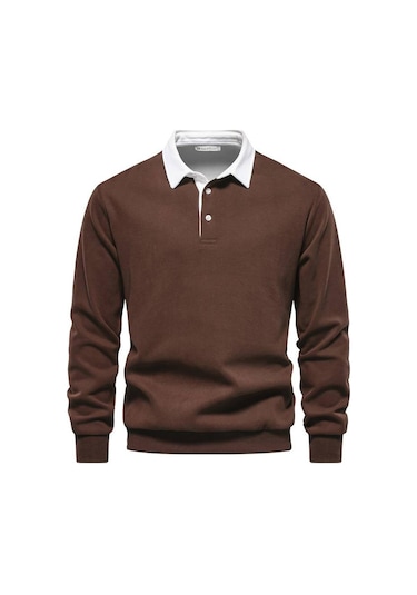 Ghassy Co. Erkek Retro Renk Bloklu Pamuklu Gömlek Yaka Sweatshirt Kahve