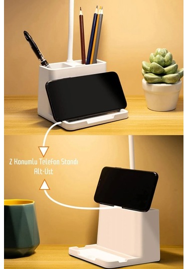 Şarjlı Masa Lambası - 3 Renk Dokunmatik Telefon Stantlı 460 Lümen Usb Şarjlı Göz Yormayan Işık Beyaz