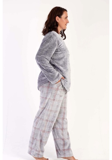 Kadın Uzun Kol Büyük Beden Welsoft Gri Pijama Takımı C3t0n3o069 001