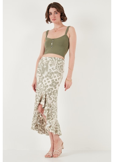 Lela Regular Fit Desenli Yüksek Bel Volanlı Midi Boy Yırtmaçlı Bayan Etek 5869013 Olive
