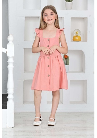 Kız Çocuk %100 Pamuk Keten Elbise 12197 Pudra